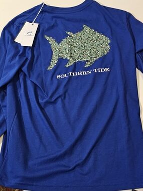 Southern Tide Royal Blue Long Sleeve Tee with Green Fish Graphic